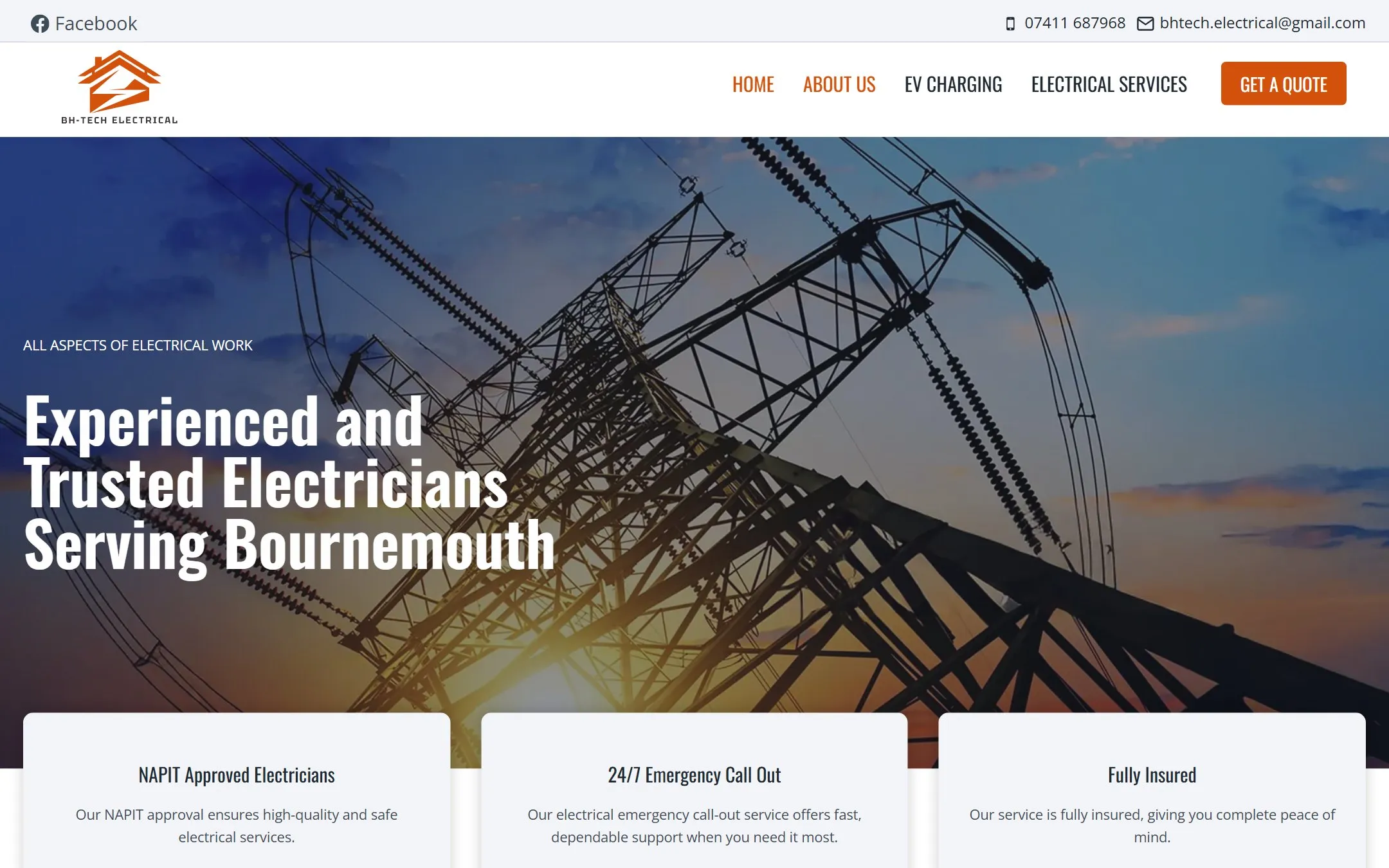 Homepage of the BH-TECH Electrical Services website