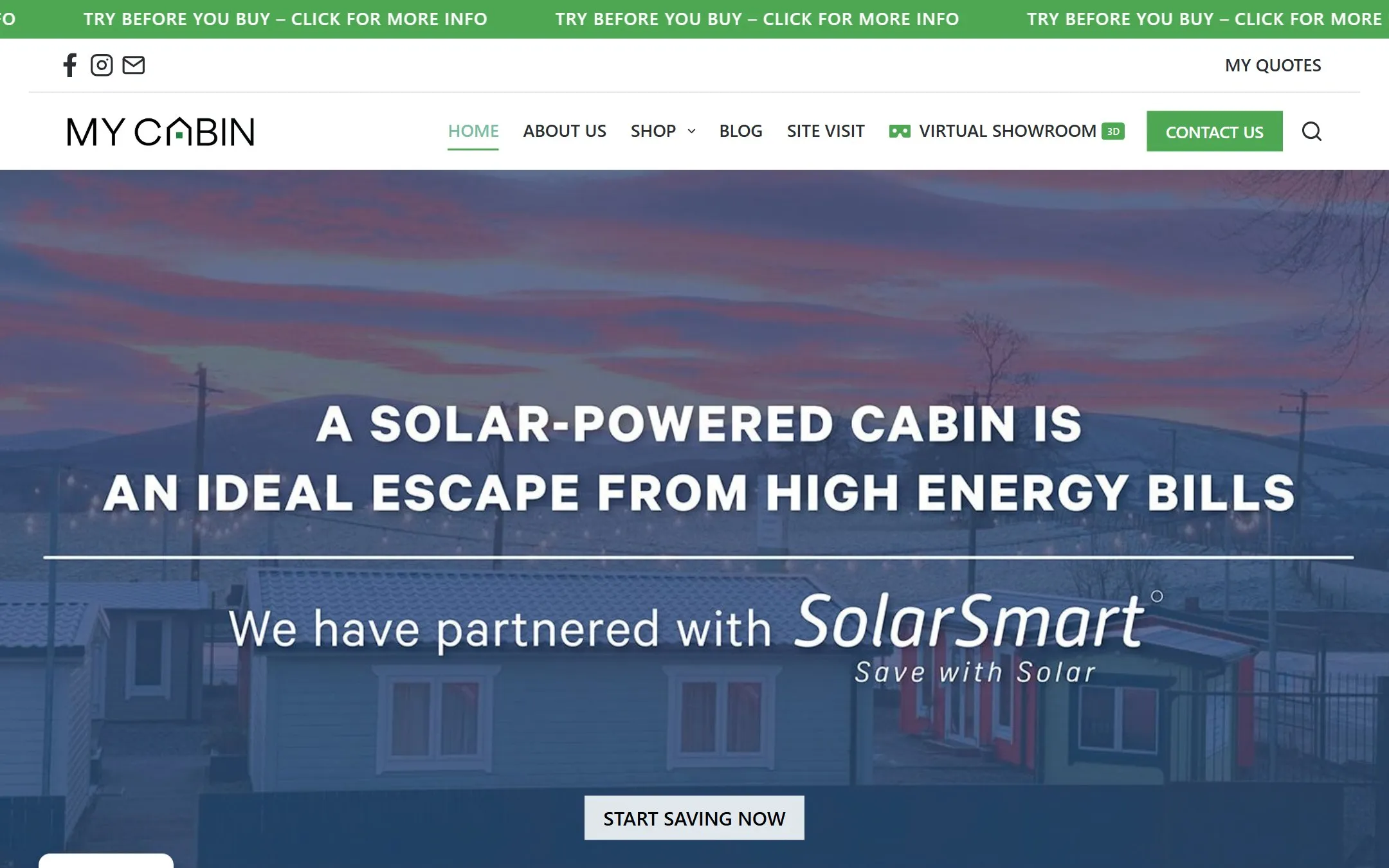 Homepage of the MyCabin Ireland website